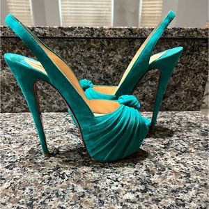 Authentic Christian Louboutin Turquoise Peep Toe Suede Knot Slingback Heel